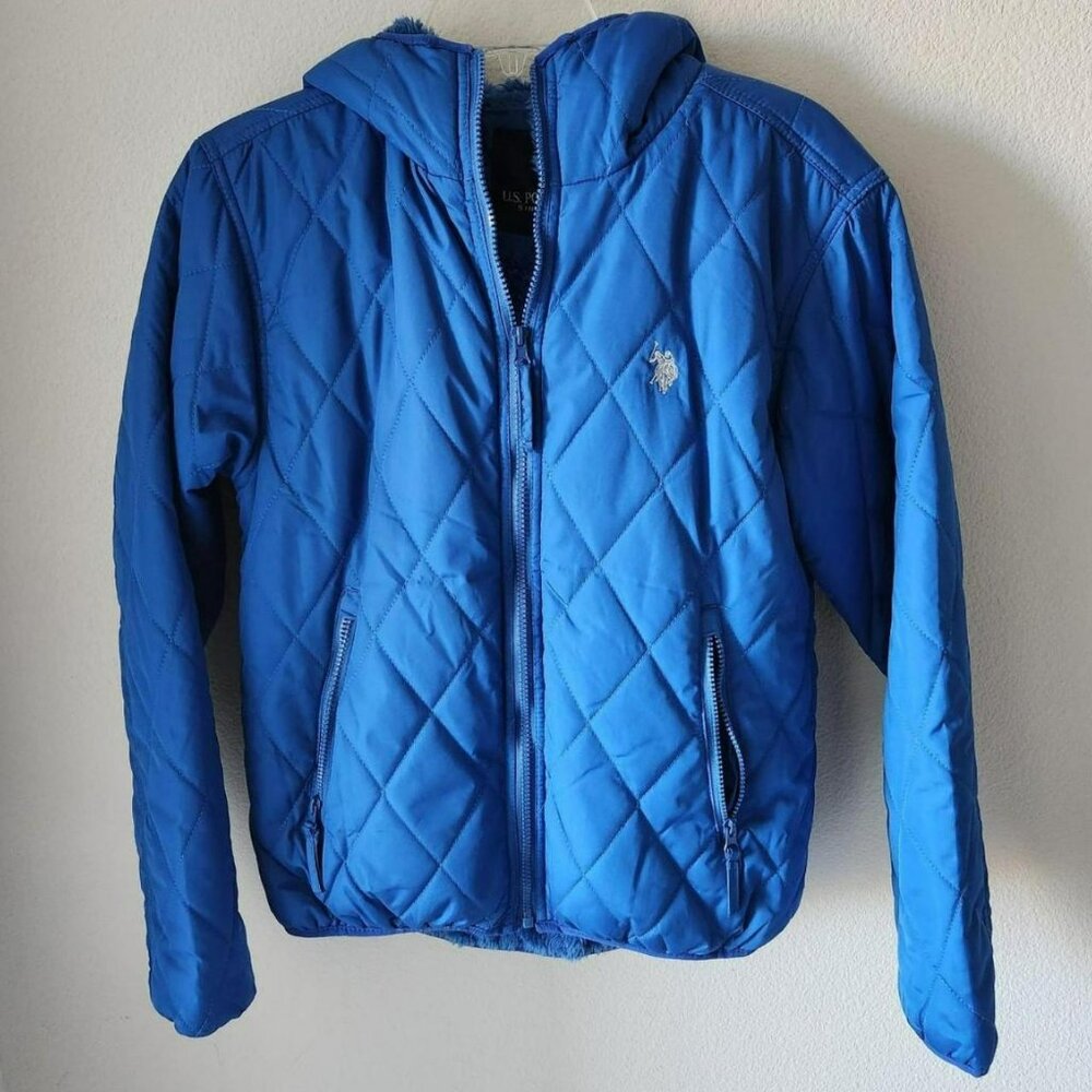 US Polo blue quilted Fur Lined puffer hoodie jacket Sz S gorpcore coastal camp